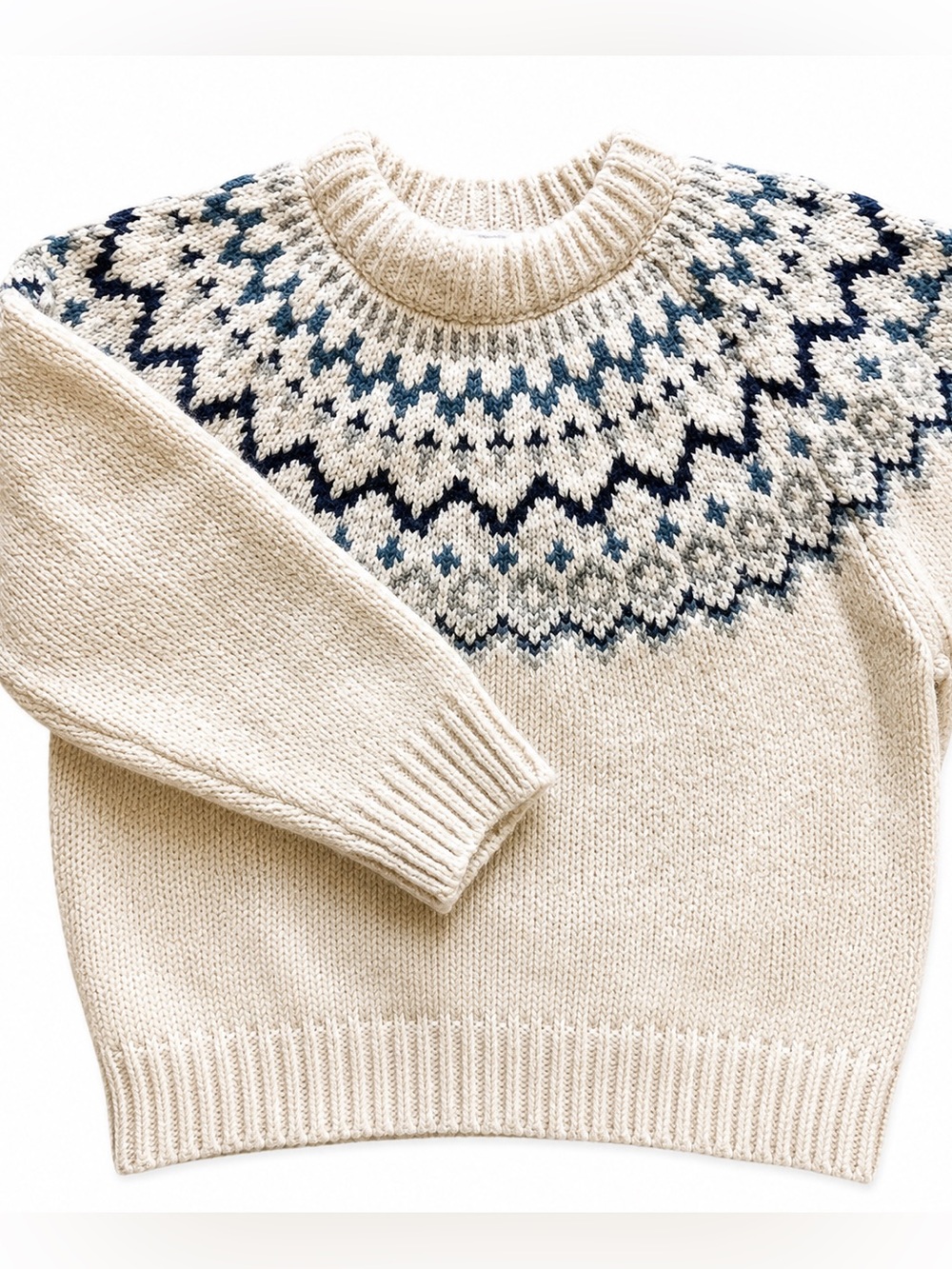 Zara Cream Crewneck Sweater with Navy Fair Isle Yoke